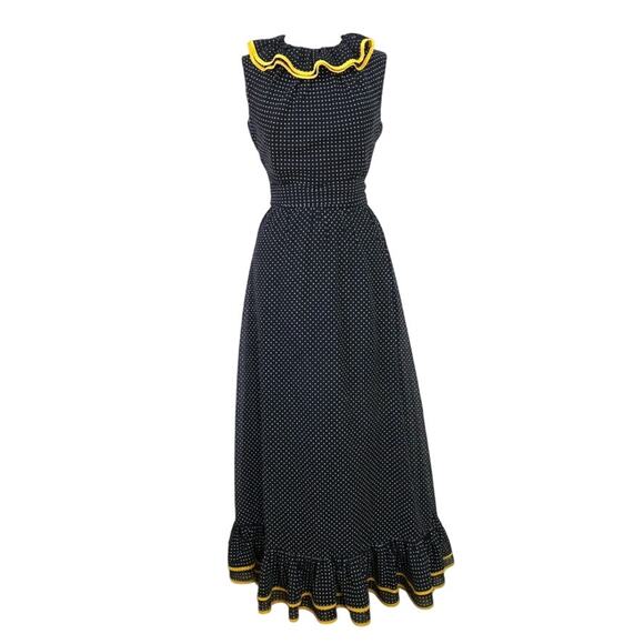 Vintage Miss Elliette VTG Maxi Dress Polka Dot Ruffle Peter Pan Collar Bow 60s - Picture 7 of 13